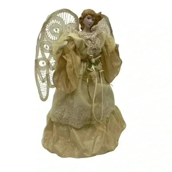 Christmas Angel Tree Topper Wings Gold Gown Lace Porcelain Hands & Head Vintage - Picture 2 of 4
